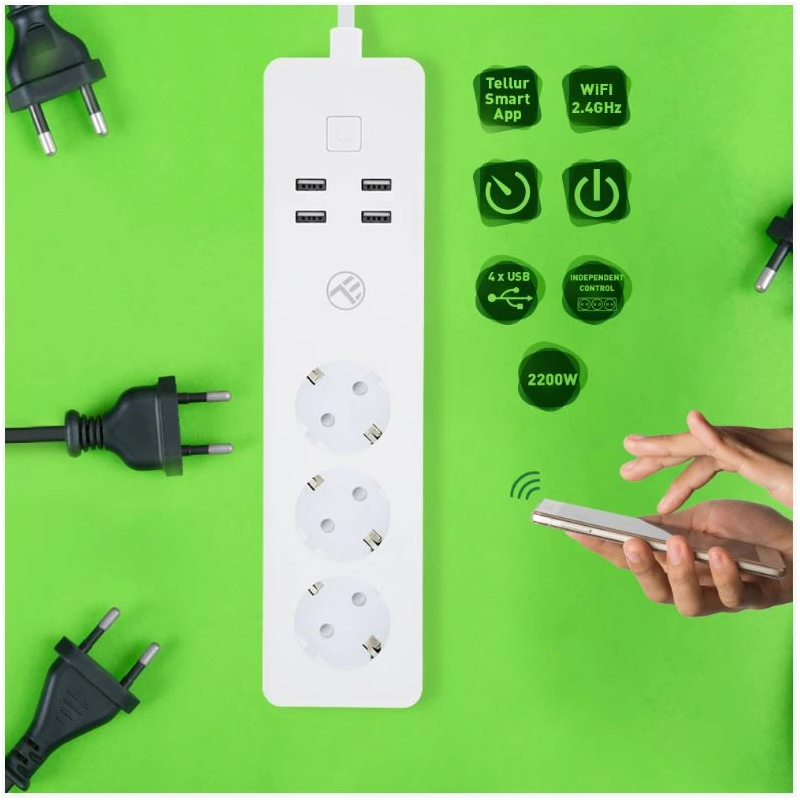 Tellur WiFi Power Strip, 3 Outlets, 4USB 4A, 2200W, 10A, 1.8m