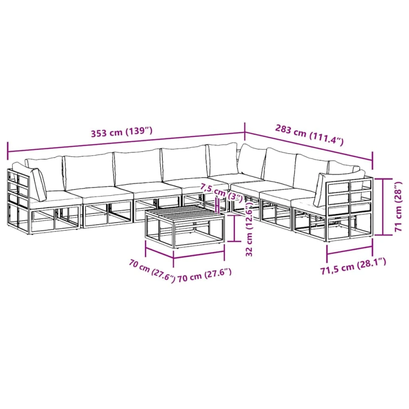vidaXL Dārza dīvānu komplekts ar spilvenu 9 pcs Melna Alumīnijs