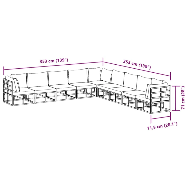 vidaXL Dārza dīvānu komplekts ar spilvenu 9 pcs Melna Alumīnijs