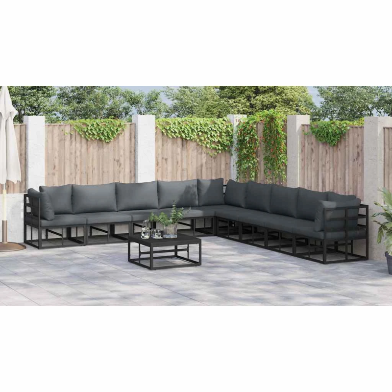 vidaXL Dārza dīvānu komplekts ar spilvenu 10 pcs Melna Alumīnijs