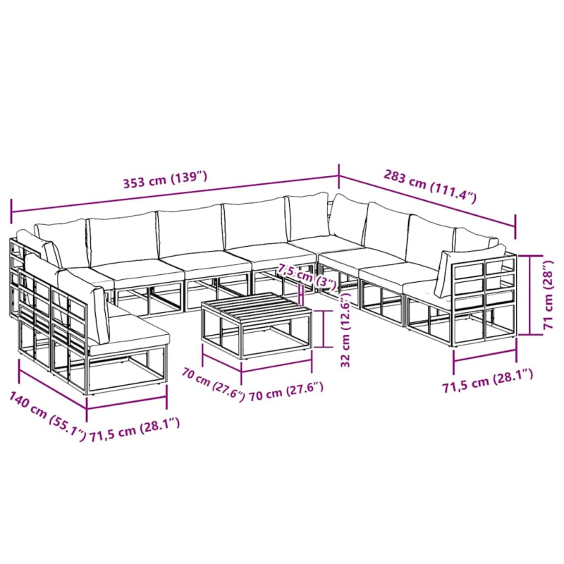 vidaXL Dārza dīvānu komplekts ar spilvenu 11 pcs Melna Alumīnijs