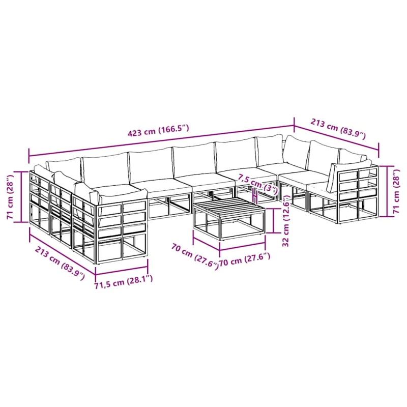 vidaXL Dārza dīvānu komplekts ar spilvenu 11 pcs Melna Alumīnijs