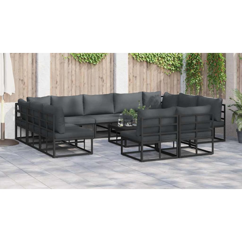 vidaXL Dārza dīvānu komplekts ar spilvenu 12 pcs Melna Alumīnijs