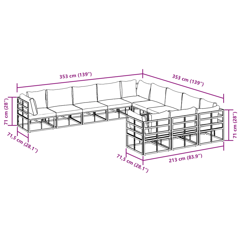 vidaXL Dārza dīvānu komplekts ar spilvenu 11 pcs Melna Alumīnijs
