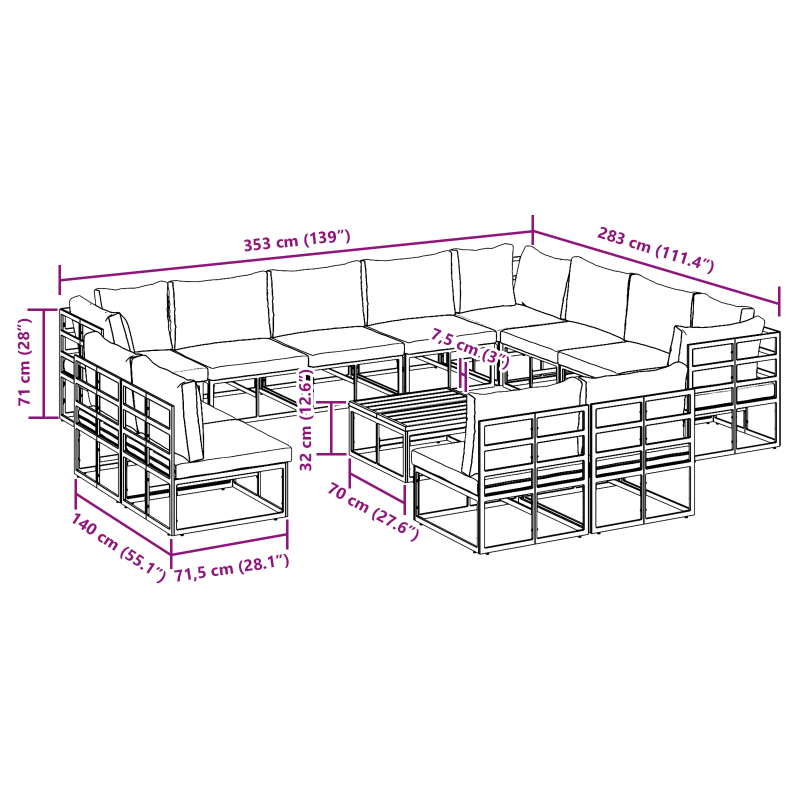 vidaXL Dārza dīvānu komplekts ar spilvenu 13 pcs Melna Alumīnijs