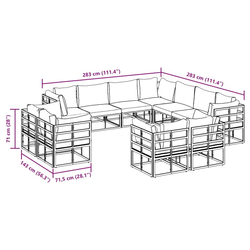 vidaXL Dārza dīvānu komplekts ar spilvenu 11 pcs Melna Alumīnijs