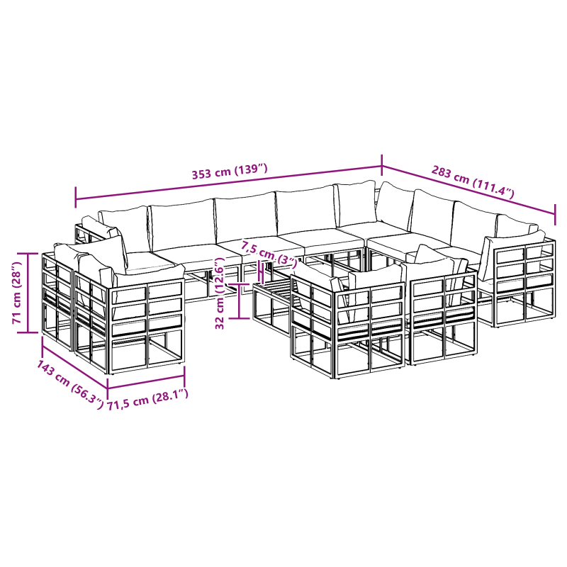 vidaXL Dārza dīvānu komplekts ar spilvenu 13 pcs