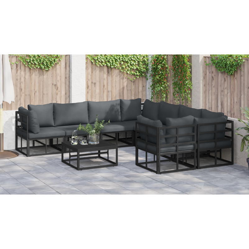 vidaXL Dārza dīvānu komplekts ar spilvenu 9 pcs Melna Tērauds