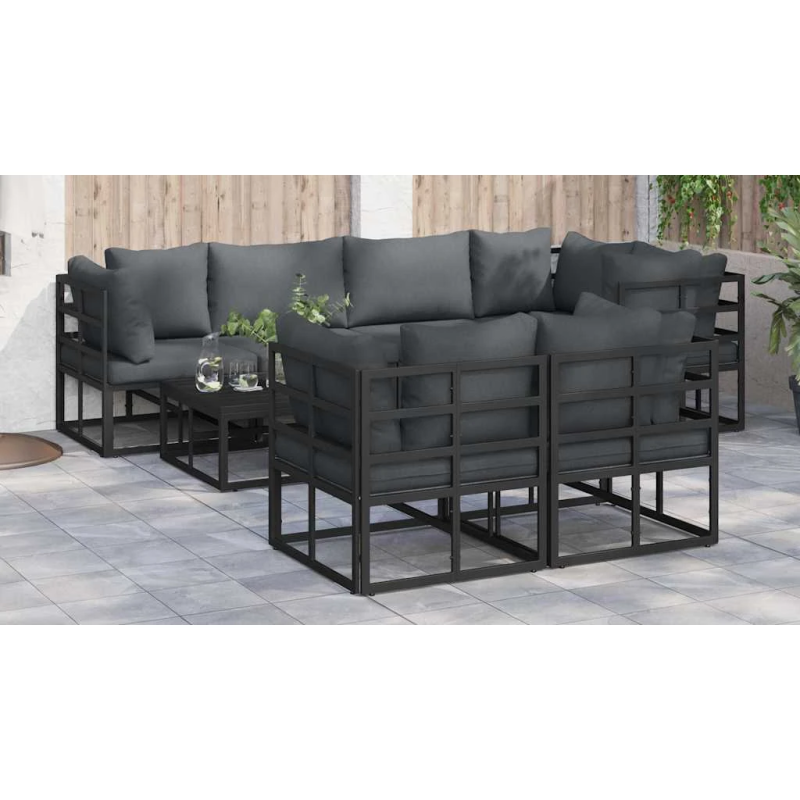 vidaXL Dārza dīvānu komplekts ar spilvenu 7 pcs Melna Tērauds