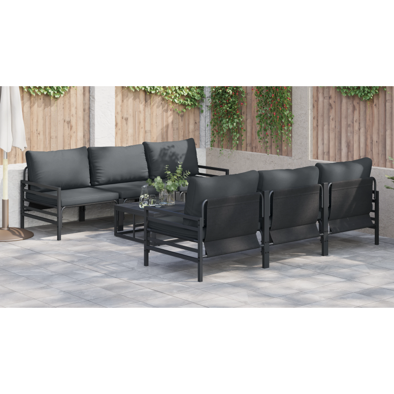 vidaXL Dārza dīvānu komplekts ar spilvenu 7 pcs Melna Tērauds