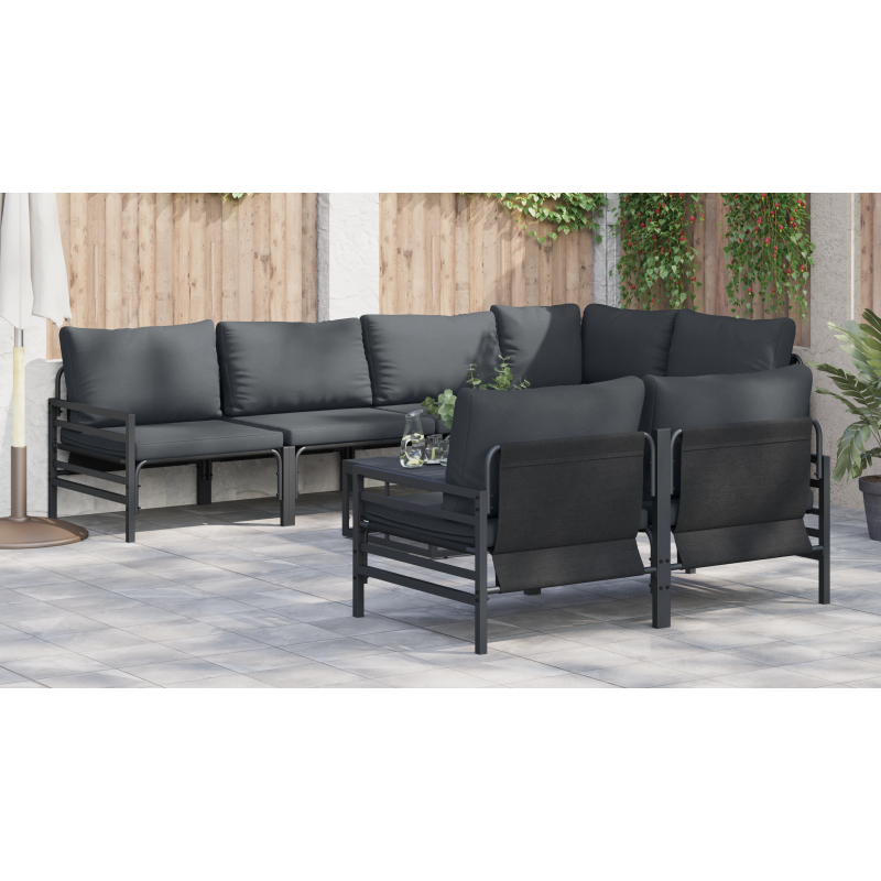 vidaXL Dārza dīvānu komplekts ar spilvenu 7 pcs Melna Tērauds