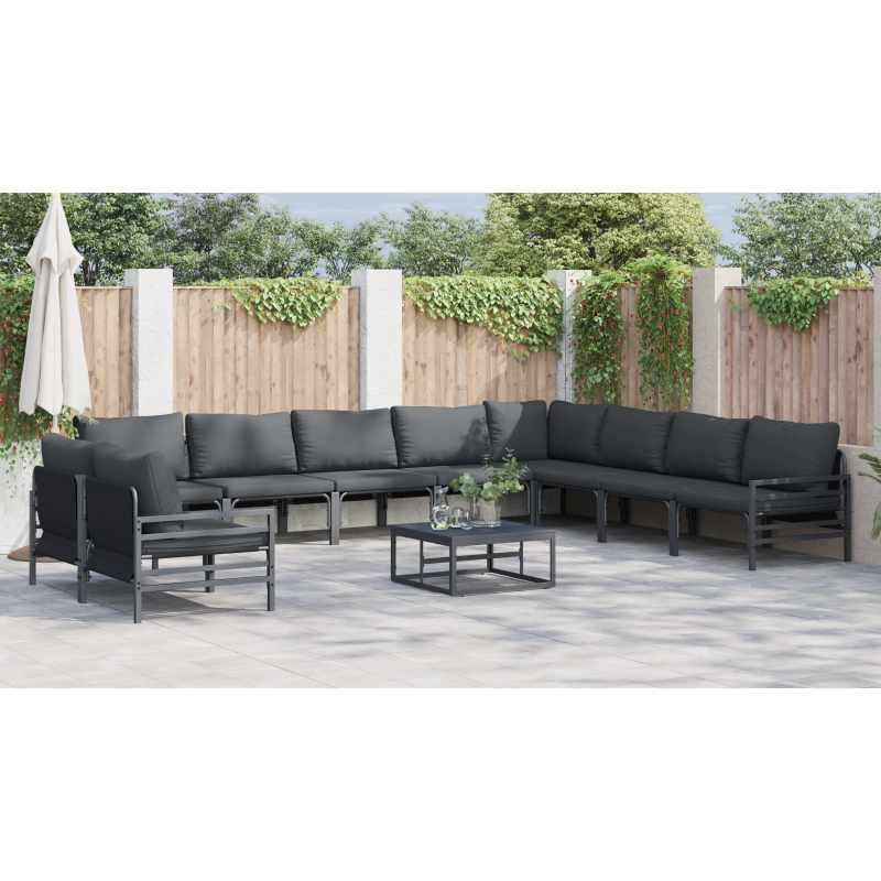 vidaXL Dārza dīvānu komplekts ar spilvenu 10 pcs Melna Tērauds