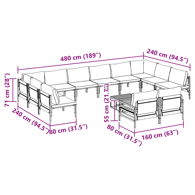 vidaXL Dārza dīvānu komplekts ar spilvenu 13 pcs Melna Tērauds