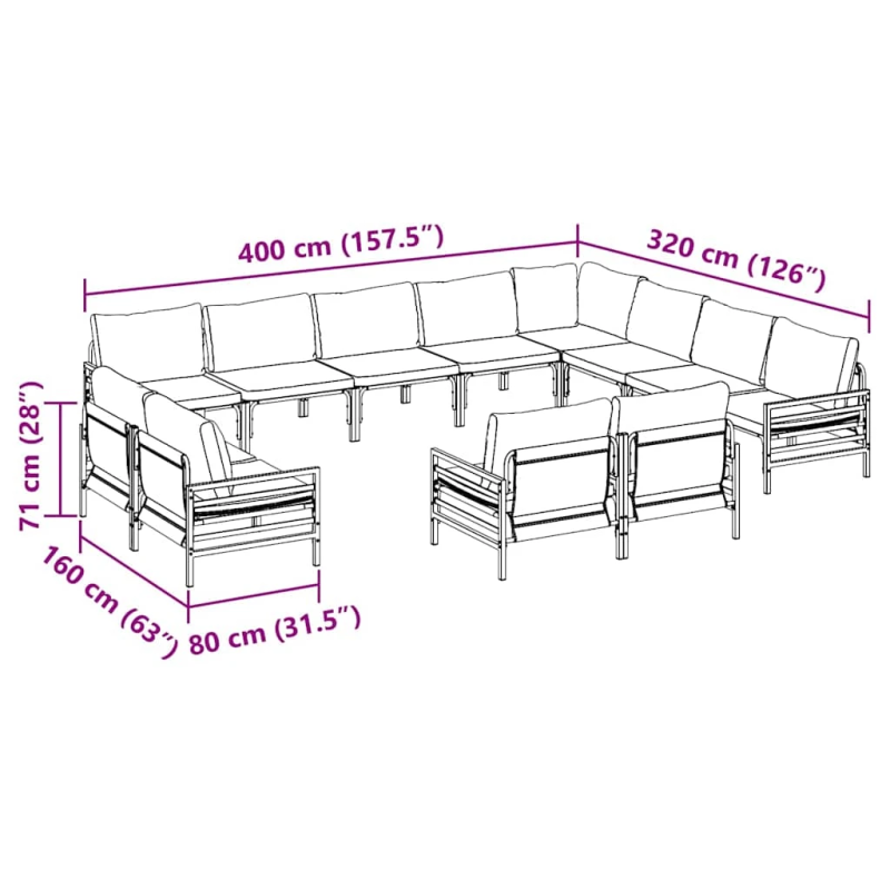 vidaXL Dārza dīvānu komplekts ar spilvenu 12 pcs Melna Tērauds