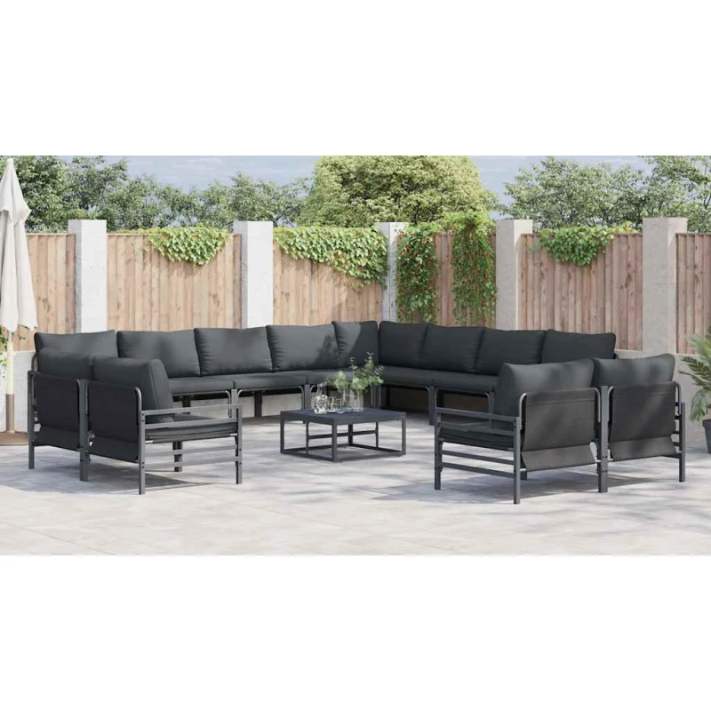 vidaXL Dārza dīvānu komplekts ar spilvenu 12 pcs Melna Tērauds