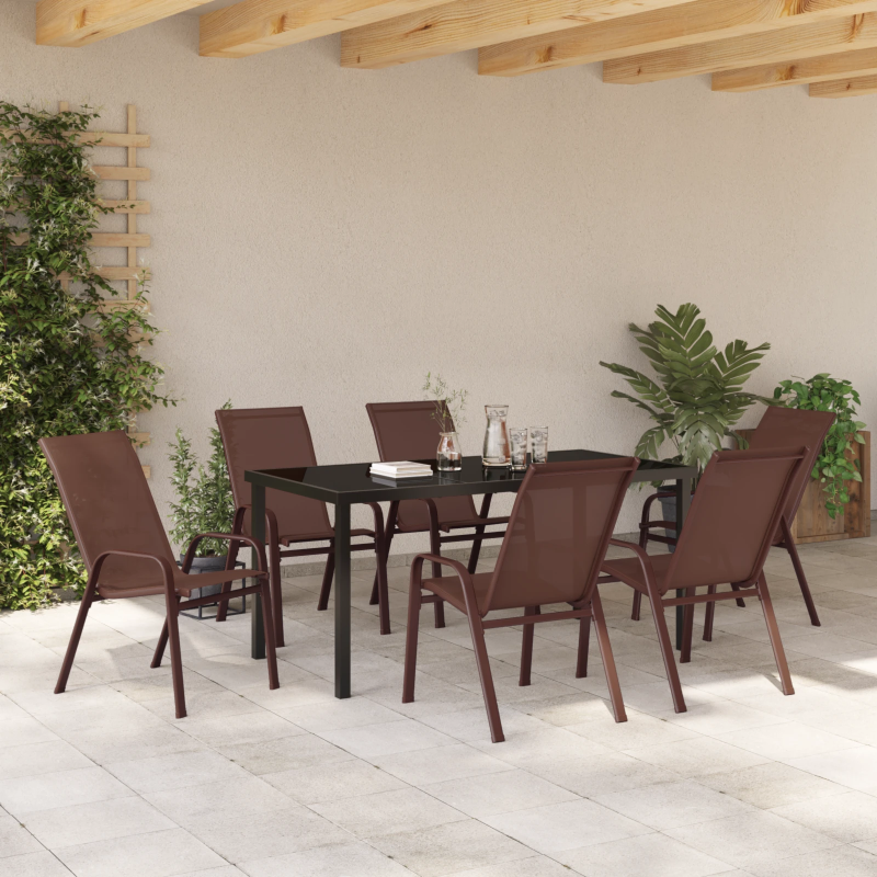 vidaXL Dārza ēdamgalds 7 pcs Brūns un melns Pulverkrāsots tērauds