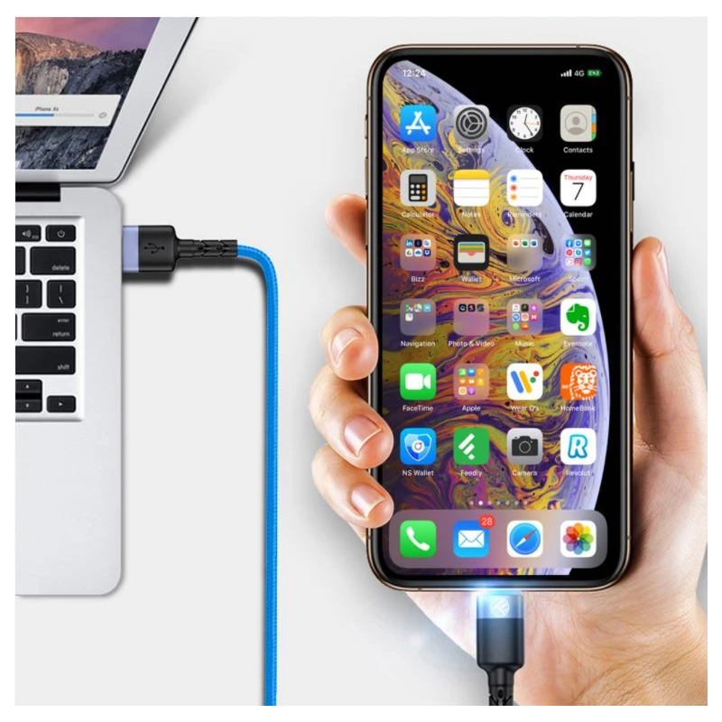 Tellur Data Cable USB to Lightning with LED Light, 3A 1.2m Blue