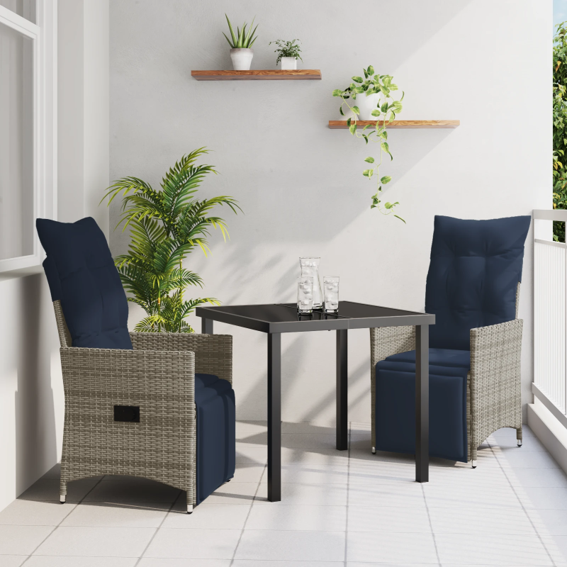 vidaXL Galda un krēslu komplekts ar spilvenu 3 pcs Pelēka PE ratan