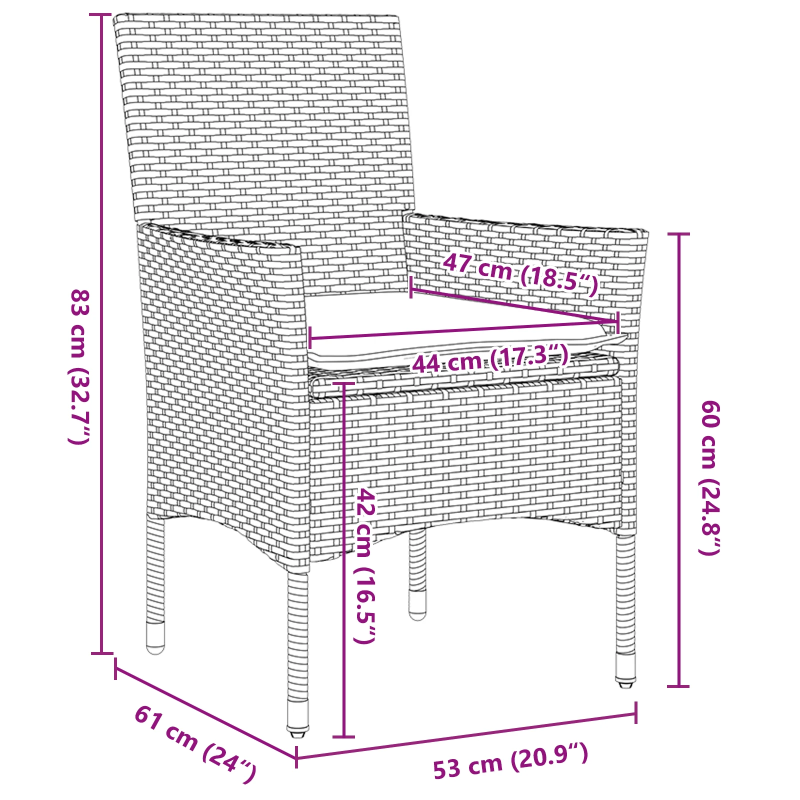 vidaXL Dārza ēdamgalds ar spilvenu 7 pcs Melna poliratāns