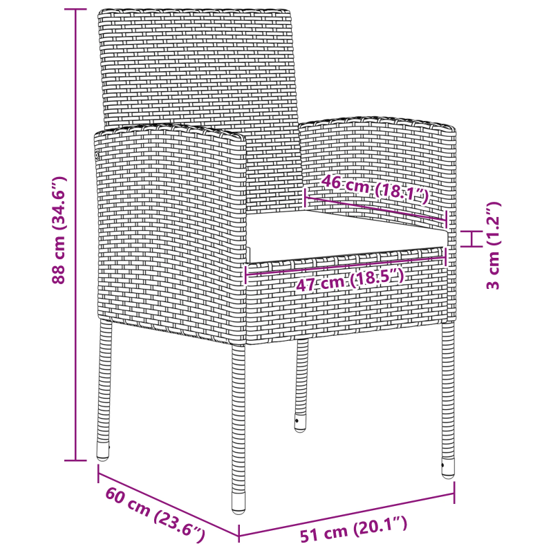 vidaXL Dārza ēdamgalds ar spilvenu 3 pcs Melna poliratāns