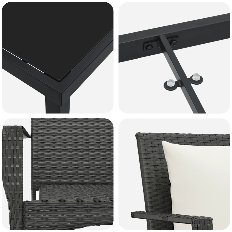 vidaXL Dārza ēdamgalds ar spilvenu 7 pcs Melna poliratāns