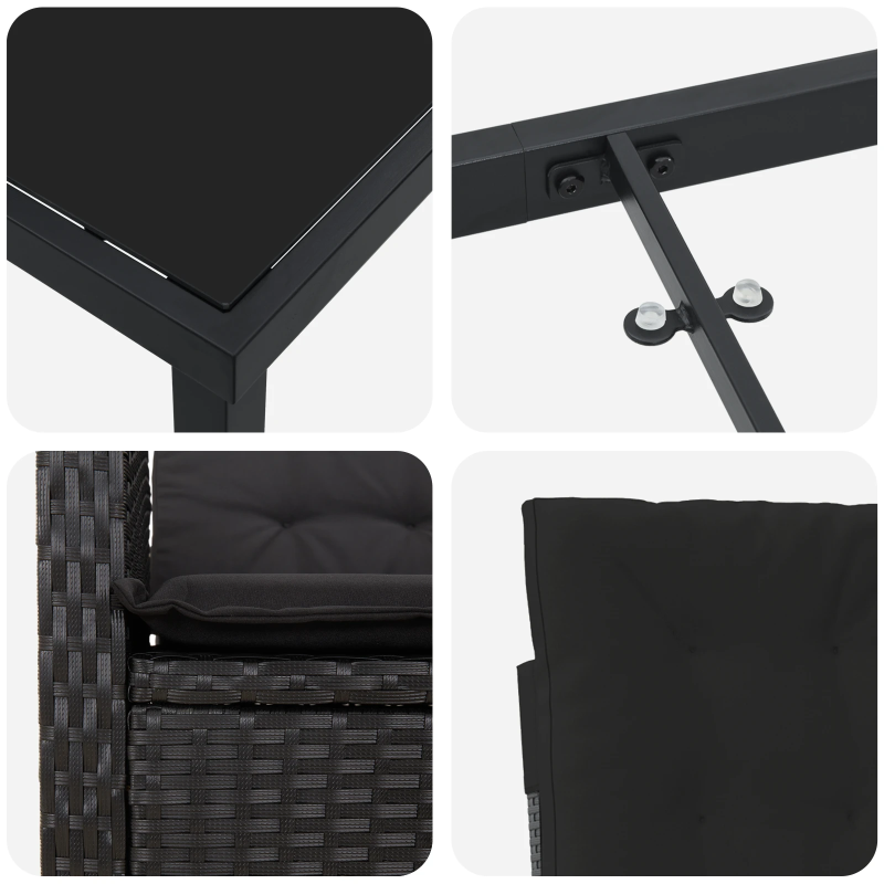 vidaXL Dārza ēdamgalds ar spilvenu 7 pcs Melna poliratāns