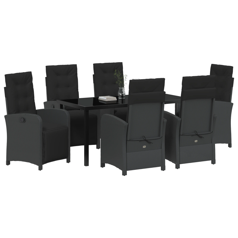 vidaXL Dārza ēdamgalds ar spilvenu 7 pcs Melna poliratāns