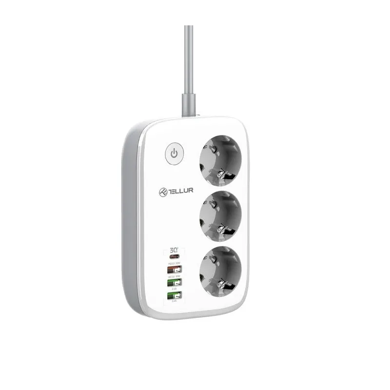 Tellur Smart WiFi Power Strip 3 Outlets, PD30W, QC18W, 2xUSB 2.4A 2500W 10A 2m