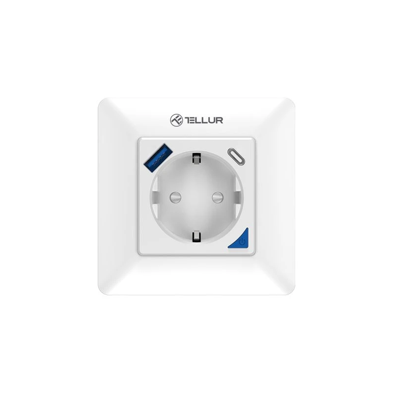 Tellur Smart WiFi Wall Plug 3600W 16A, PD20W, USB 18W, energy reading, white
