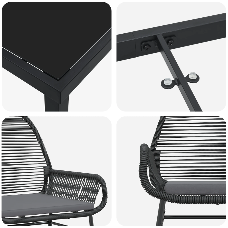 vidaXL Dārza ēdamgalds ar spilvenu 7 pcs Melna poliratāns