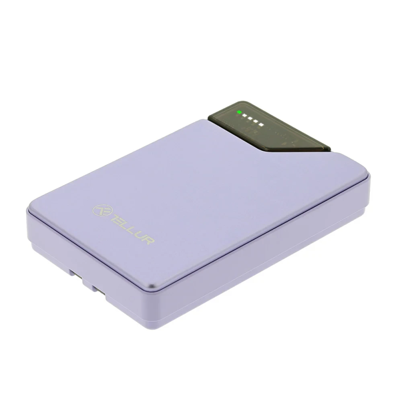 Tellur Power Bank 10000mAh, USB-C + Lightning cables built-in purple