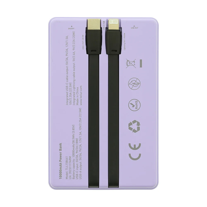 Tellur Power Bank 10000mAh, USB-C + Lightning cables built-in purple