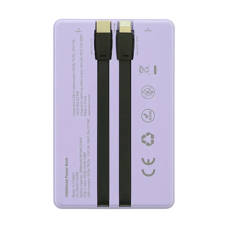 Tellur Power Bank 10000mAh, USB-C + Lightning cables built-in purple
