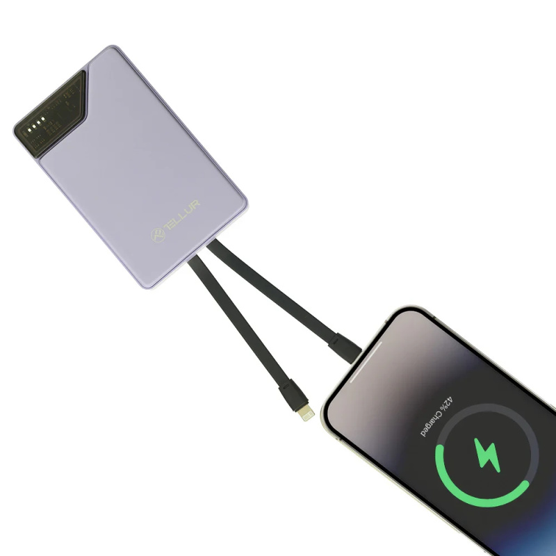 Tellur Power Bank 10000mAh, USB-C + Lightning cables built-in purple