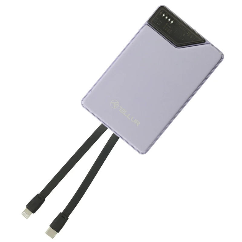 Tellur Power Bank 10000mAh, USB-C + Lightning cables built-in purple