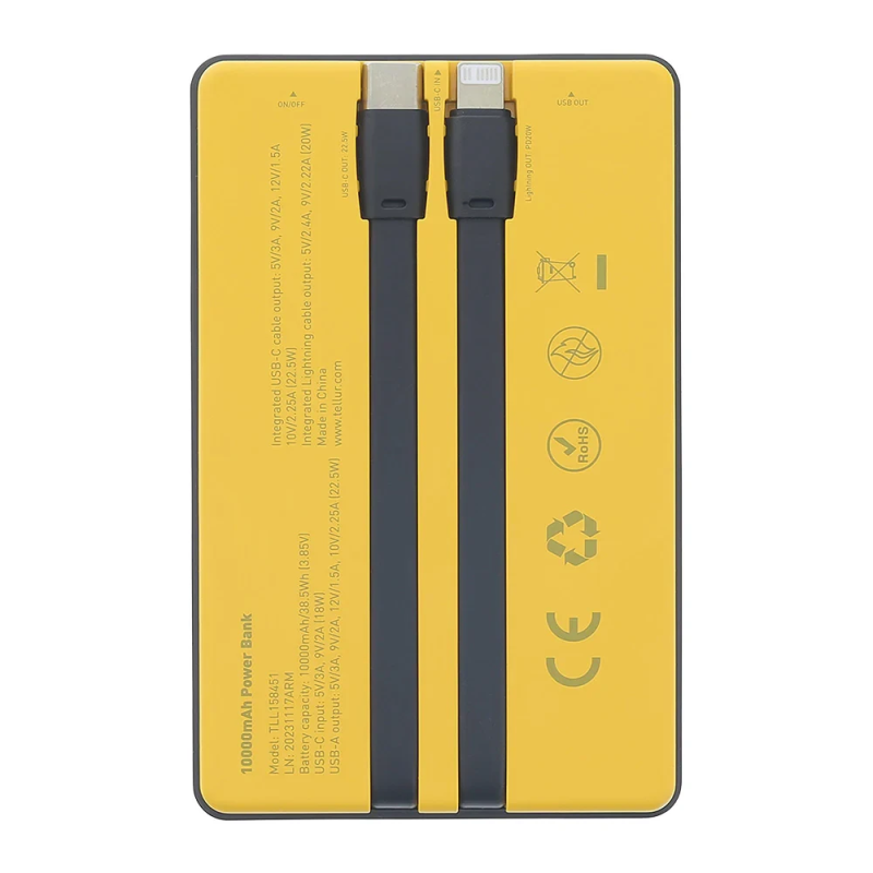 Tellur Power Bank 10000mAh, USB-C + Lightning cables built-in yellow