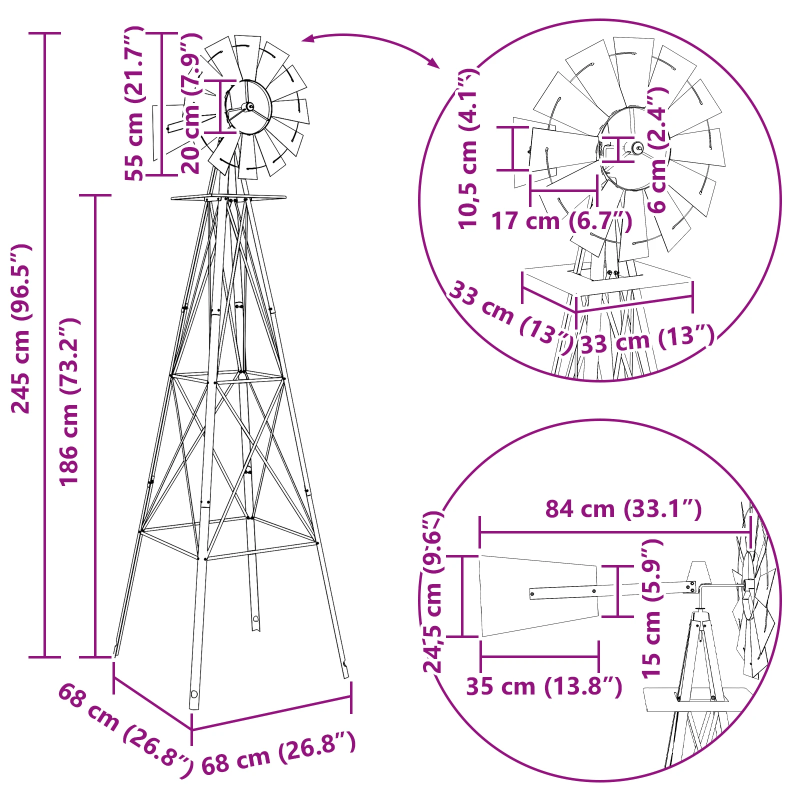 vidaXL Vējdzirnavas Pelēka 84 x 68 x 245 cm Dzelzs
