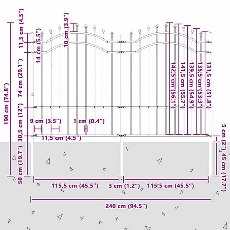 vidaXL Dārza žogs Pelēka 240 x 190 cm Pulverkrāsots tērauds