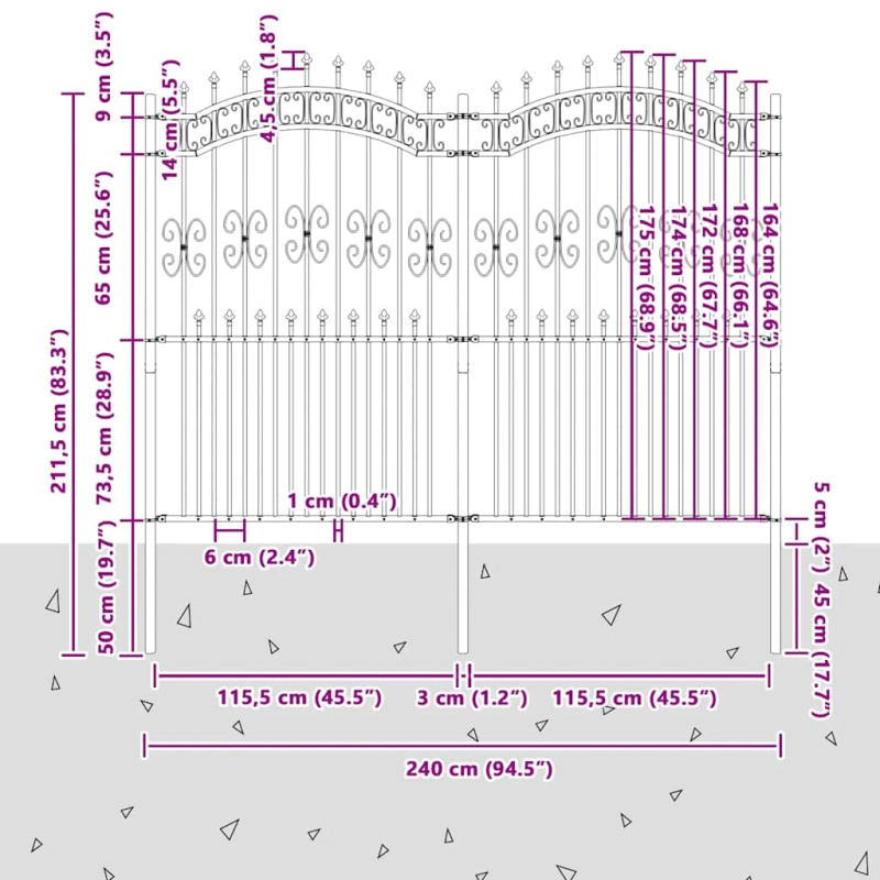 vidaXL Dārza žogs Pelēka 240 x 215 cm Pulverkrāsots tērauds