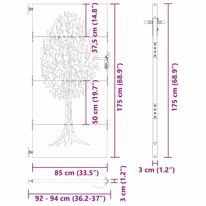 vidaXL Dārza vārti ar slēdzeni Melna 85 x 175 cm Pulverkrāsots tērauds
