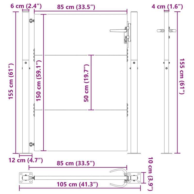 vidaXL Dārza vārti ar slēdzeni Melna 85 x 155 cm
