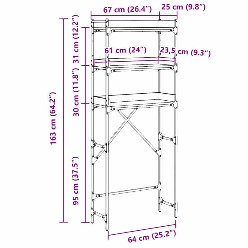 vidaXL Veļas mašīnas plaukts Artisānā ozols 67 x 25 x 163 cm