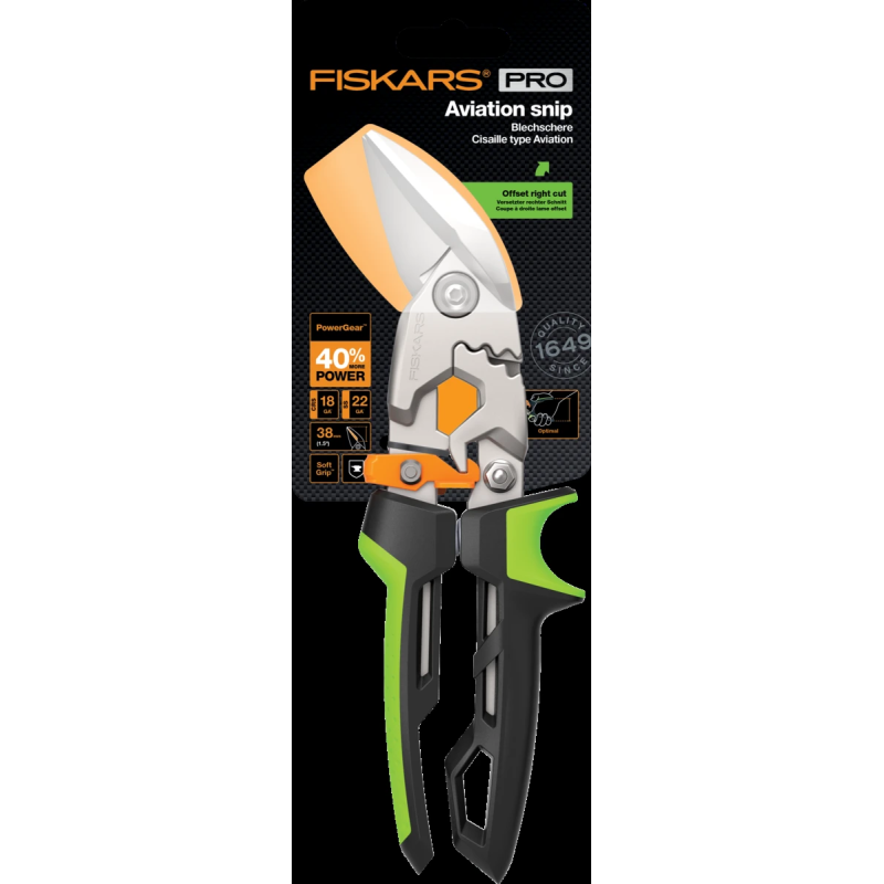 Fiskars PowerGear Aviation skārda šķēres, labais grieziens 243 mm ,1027210,