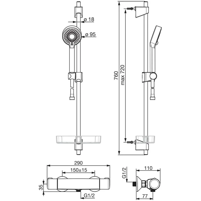 Dušo komplektas su termostatiniu maišytuvu Oras Nova 7413U, chromo sp.