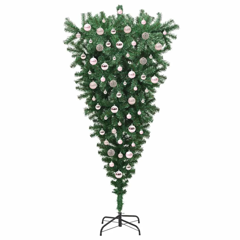 vidaXL Apgrieztais mākslīgais iepriekš apgaismotais Ziemassvētku koks ar bumbu komplektā