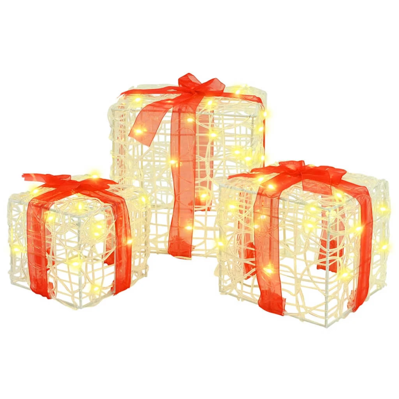 vidaXL Dāvanu kaste su 60 LED 3 pcs Silti balta 20 x 20 x 20 cm Akrils