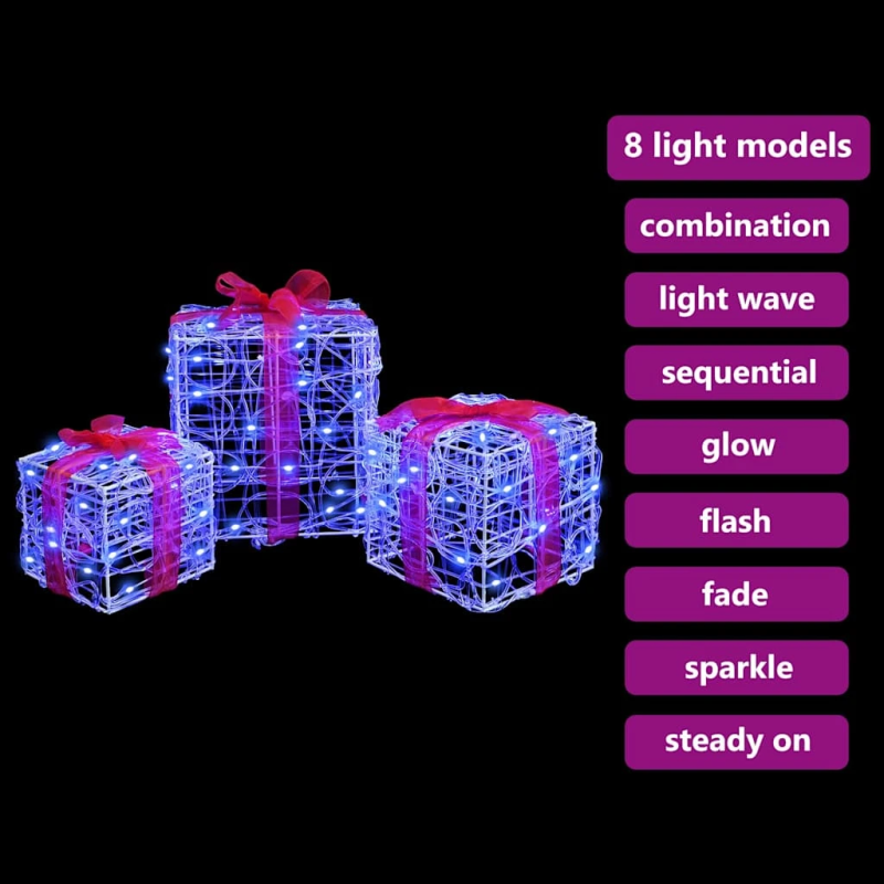 vidaXL Dāvanu kaste su 60 LED 3 pcs Zila 20 x 20 x 20 cm Akrils