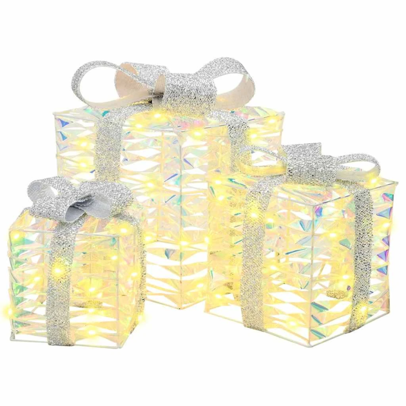 vidaXL Dāvanu kaste su 60 LED 3 pcs Silti balta 20 x 20 x 20 cm PET