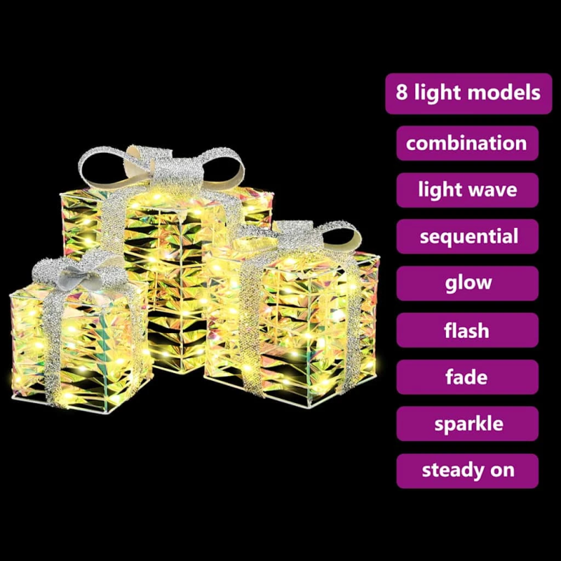 vidaXL Dāvanu kaste su 60 LED 3 pcs Silti balta 20 x 20 x 20 cm PET