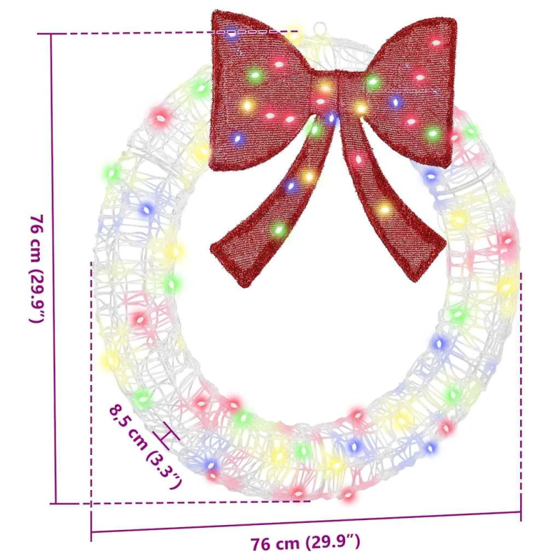 vidaXL Vainags su 60 LED Daudzkrāsains 76 x 8.5 x 76 cm Akrils